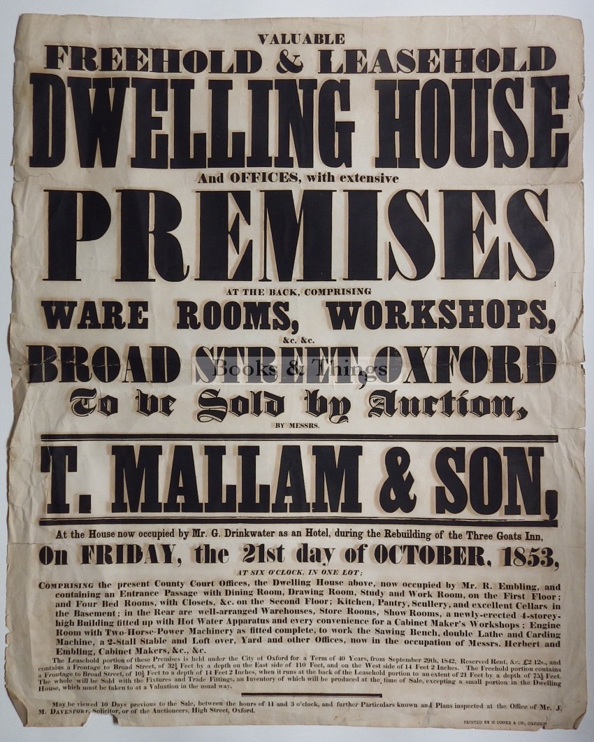 Mallam’s sale poster 1853 Dwelling Broad St Oxford